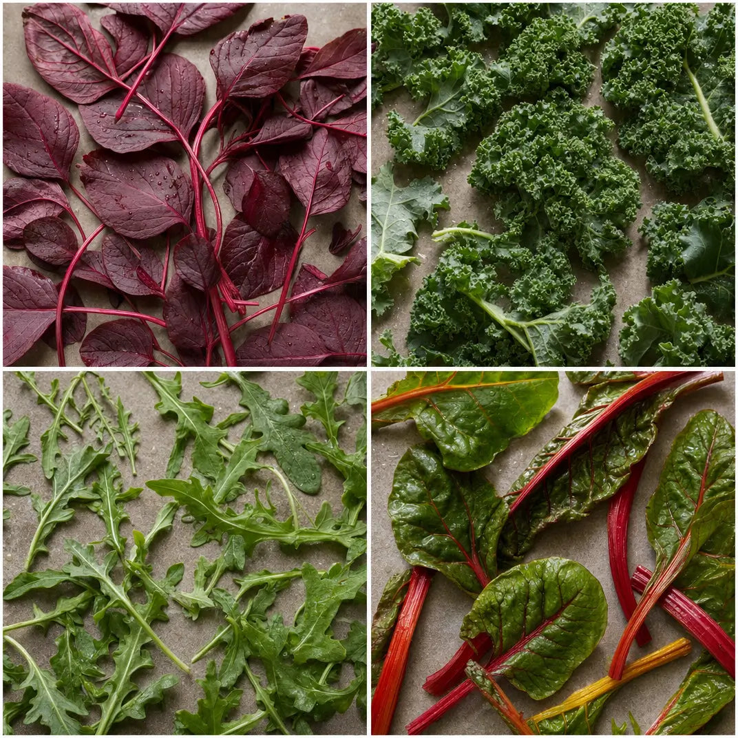 Four-tile grid: red spinach, kale, arugula, swiss chard