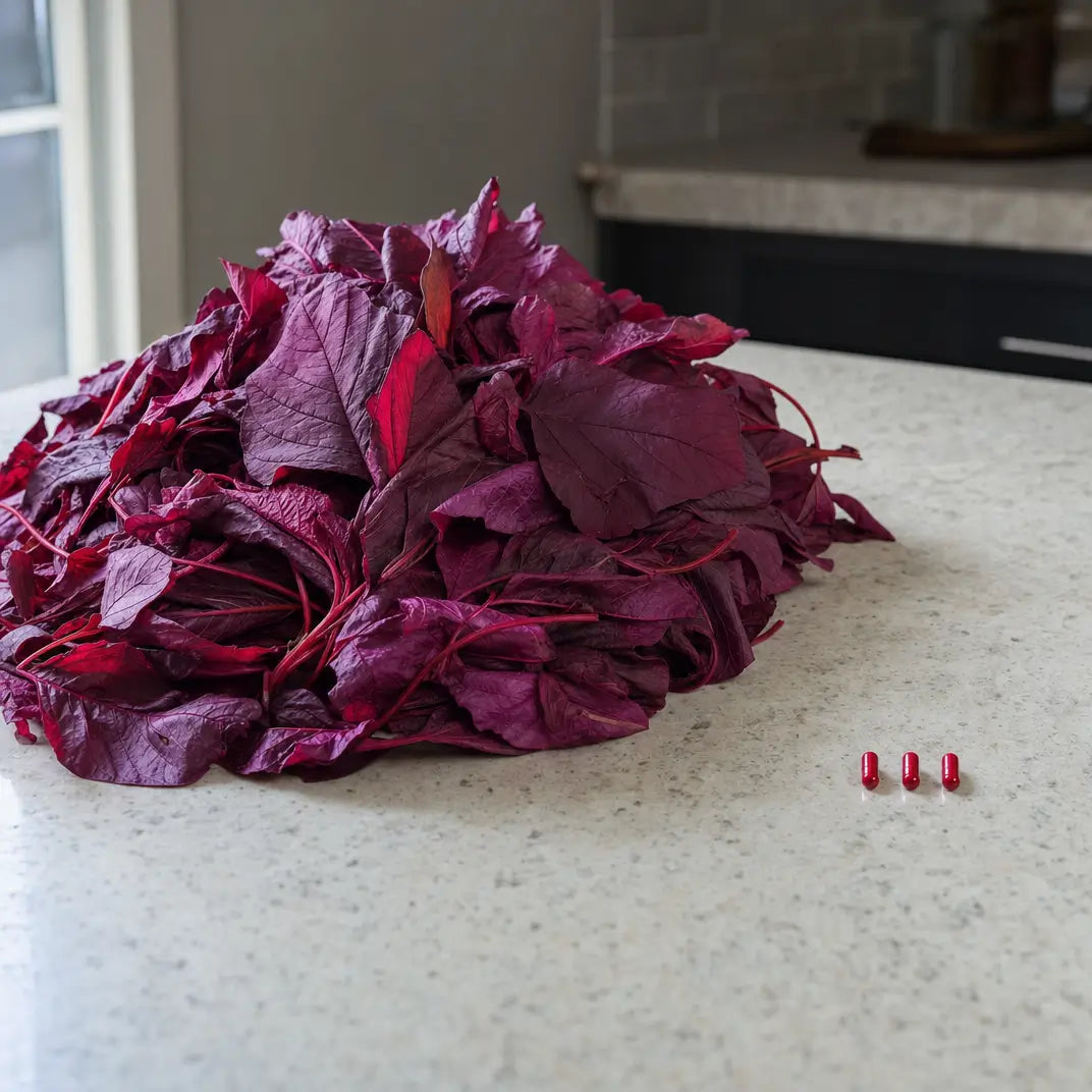 Three heads of red spinach beside three capsules